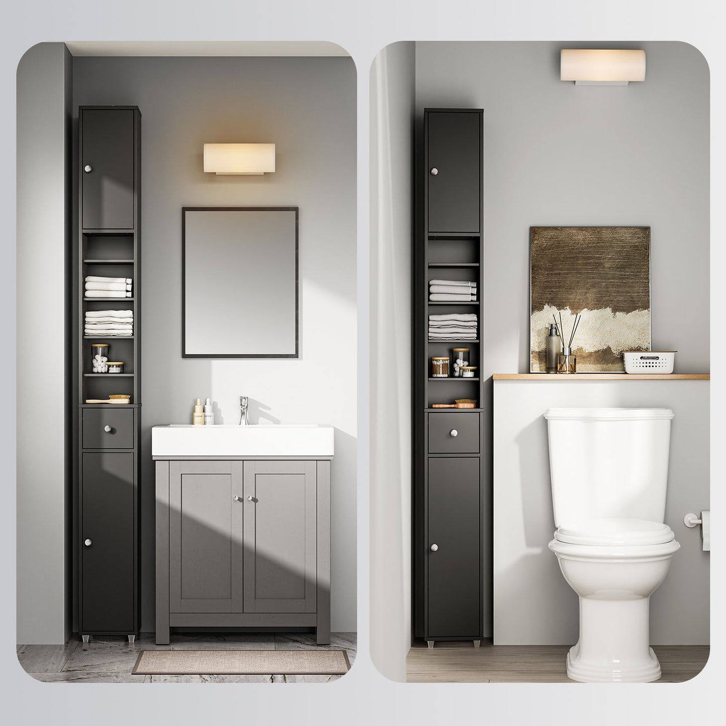 SoBuy Hoher schmaler Badezimmerschrank mit Schublade und verstellbaren Einlegeböden - Schwarzer Säulenschrank für Bad und Wohnzimmer - 20 x 20 x 180 cm