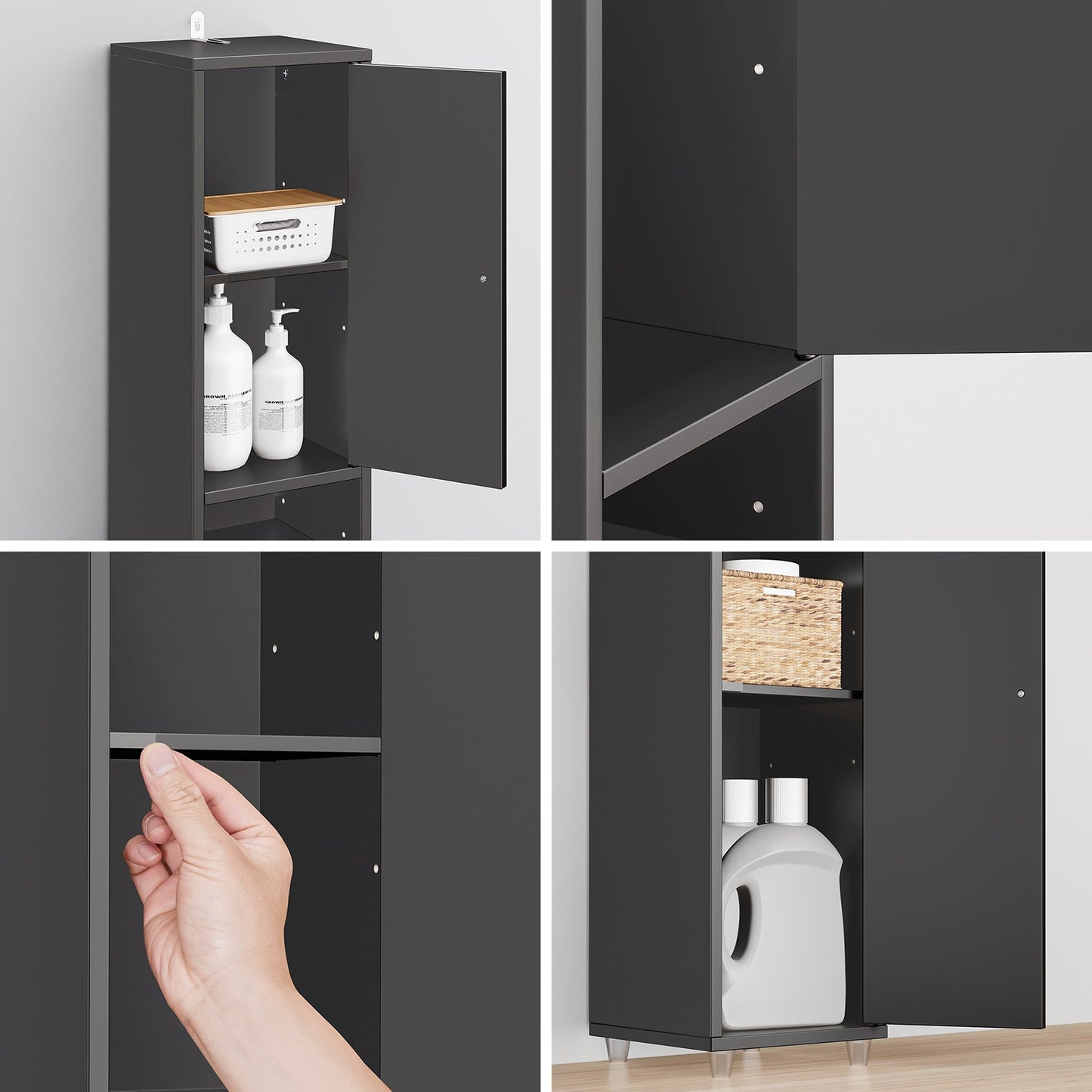 SoBuy Hoher schmaler Badezimmerschrank mit Schublade und verstellbaren Einlegeböden - Schwarzer Säulenschrank für Bad und Wohnzimmer - 20 x 20 x 180 cm