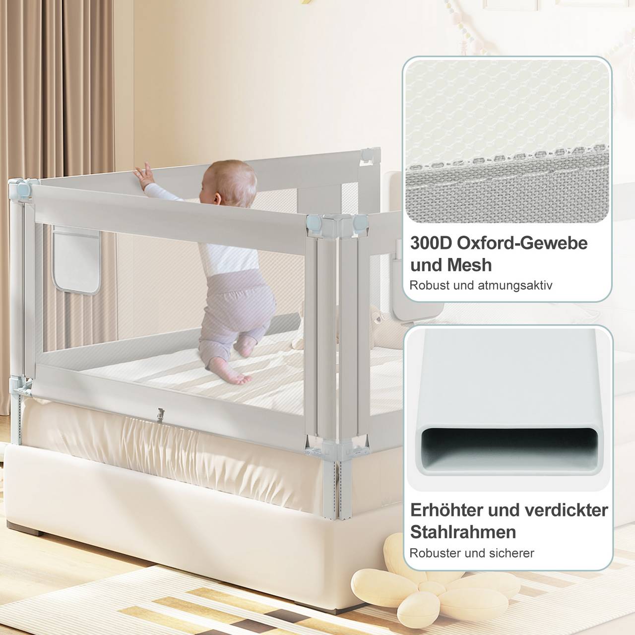 WOLTU Bettgitter - Bettgitter für Kinder - Baby - Oxford Stoff Metall - Hellgrau