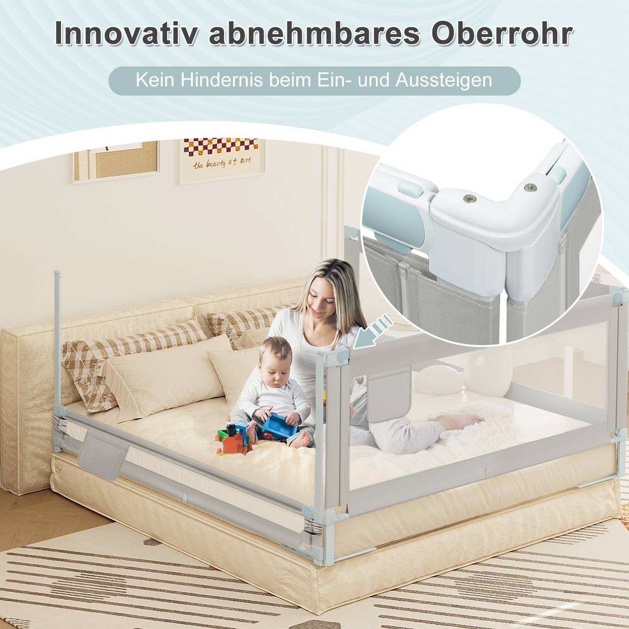 WOLTU Bettgitter - Bettgitter für Kinder - Baby - Oxford Stoff Metall - Hellgrau