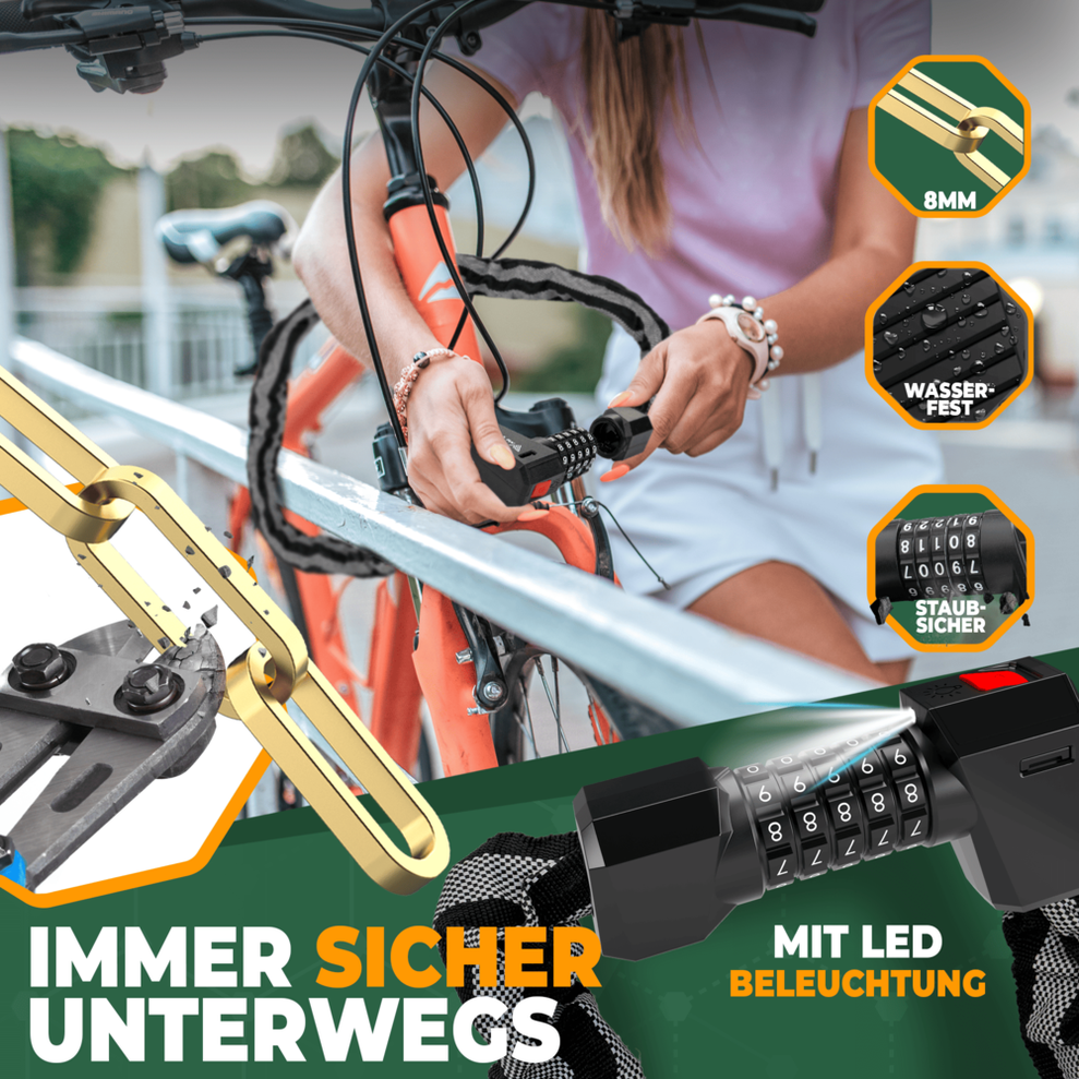 MIVELO Hochsicherheits-Kettenschloss - Mit Zahlenschloss & LED - 100 cm lang - Gehärteter Stahl - 8 mm Stärke - Schwarz