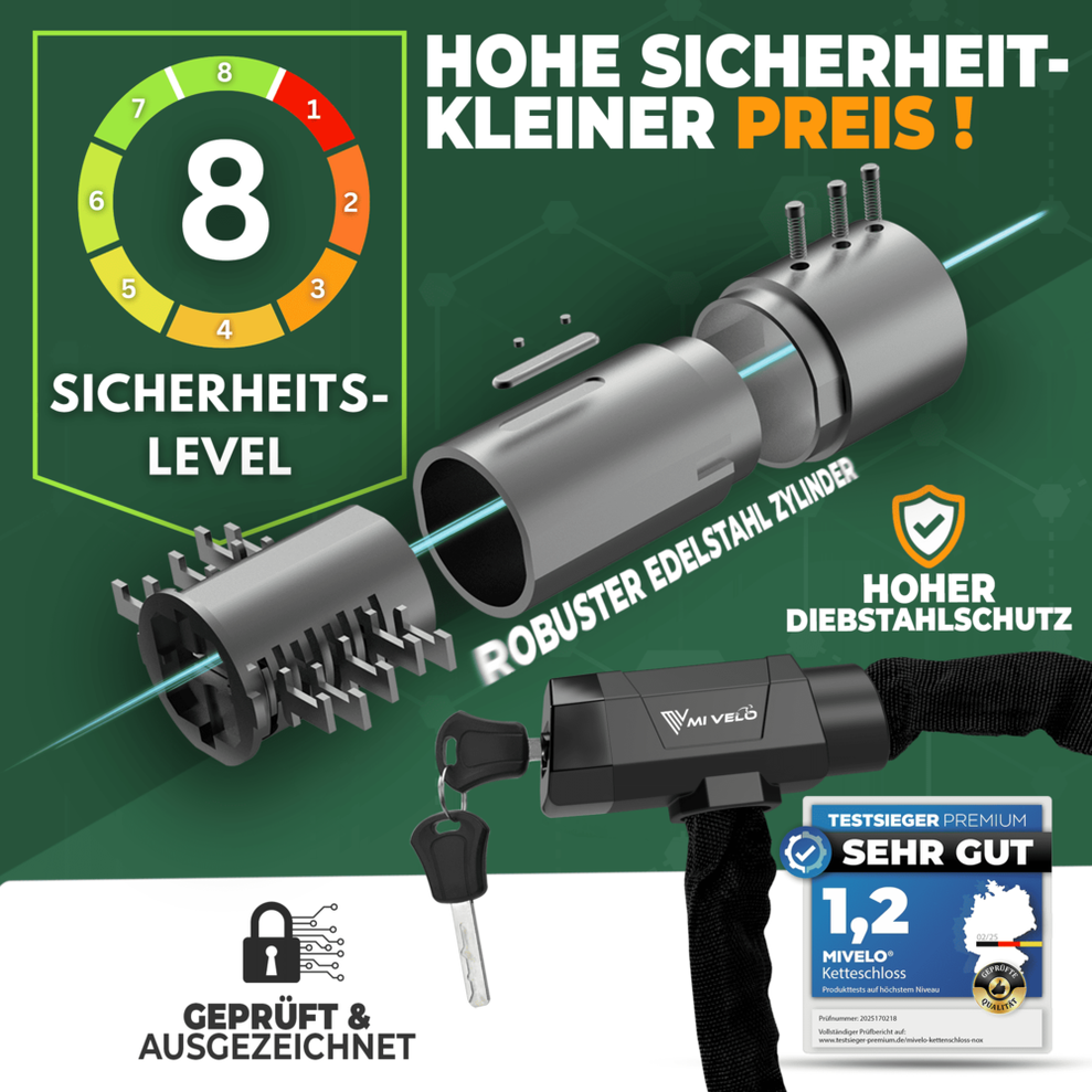MIVELO Fahrradkette - Mit Schlüsselschloss - 90 CM - Stahl - Schwarz