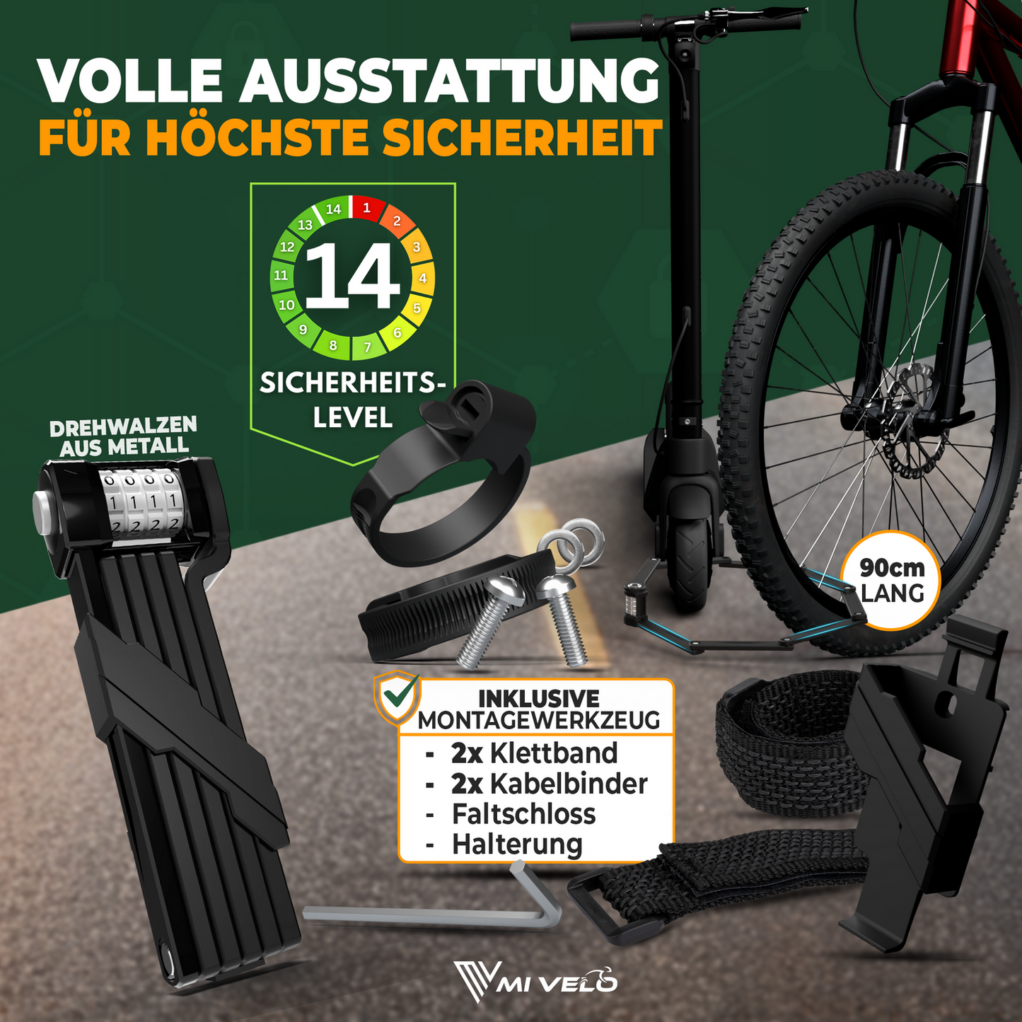 MIVELO Fahrradschloss NEXUS - Mit Zahlenschloss - Extrem robuster Edelstahl - 90 cm - Schwarz