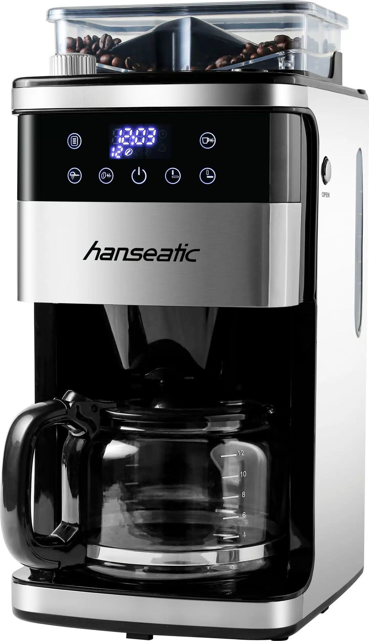 Hanseatic - Kaffeemaschine mit integrierter Kaffeemühle - 1,5 Liter & 1000 Watt - Mit Digitalanzeige & Timer - Für Bohnen & gemahlenen Kaffee - Silberner Edelstahl & Kunststoff