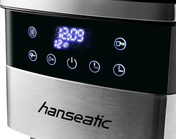 Hanseatic - Kaffeemaschine mit integrierter Kaffeemühle - 1,5 Liter & 1000 Watt - Mit Digitalanzeige & Timer - Für Bohnen & gemahlenen Kaffee - Silberner Edelstahl & Kunststoff