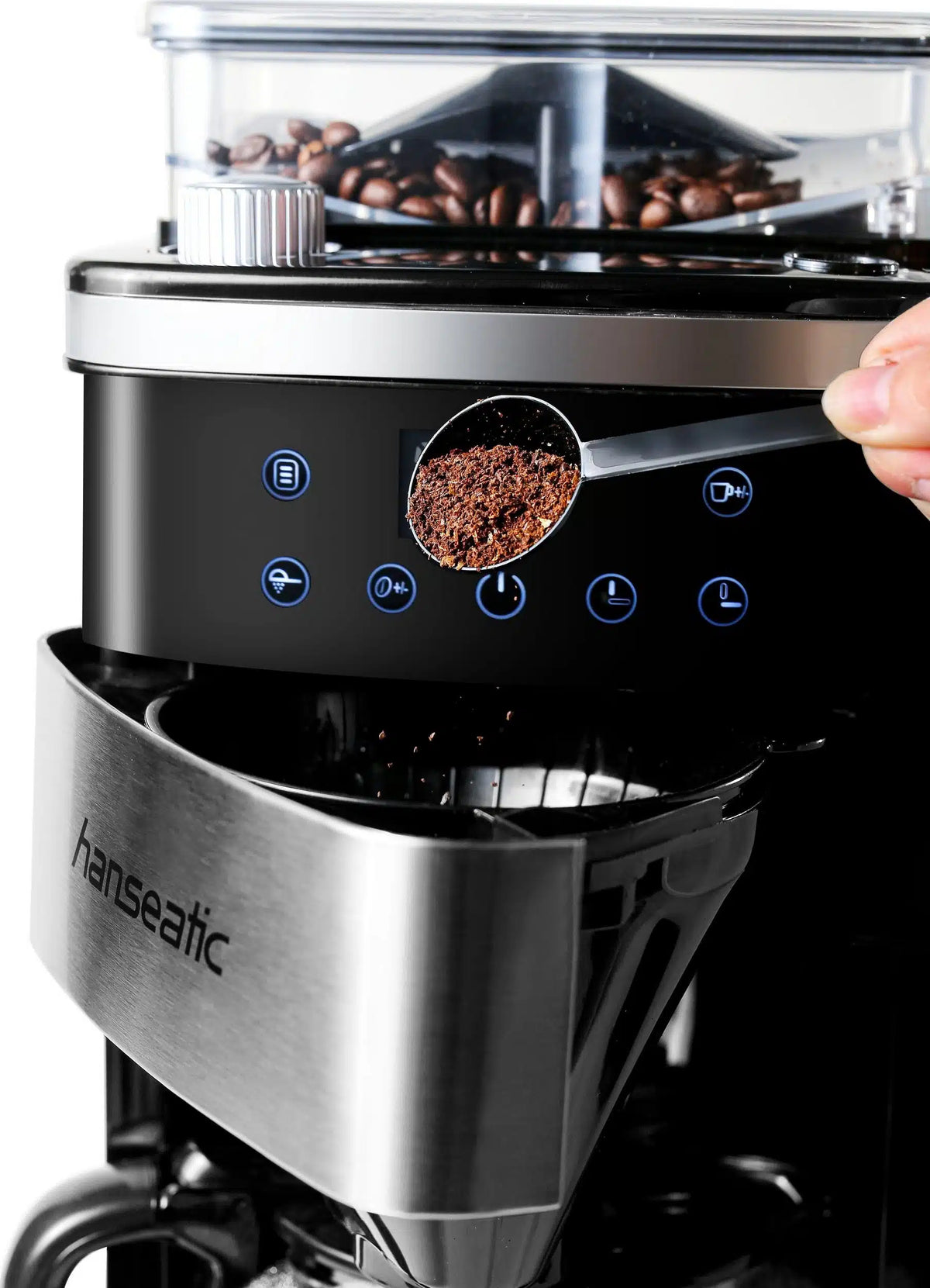 Hanseatic - Kaffeemaschine mit integrierter Kaffeemühle - 1,5 Liter & 1000 Watt - Mit Digitalanzeige & Timer - Für Bohnen & gemahlenen Kaffee - Silberner Edelstahl & Kunststoff