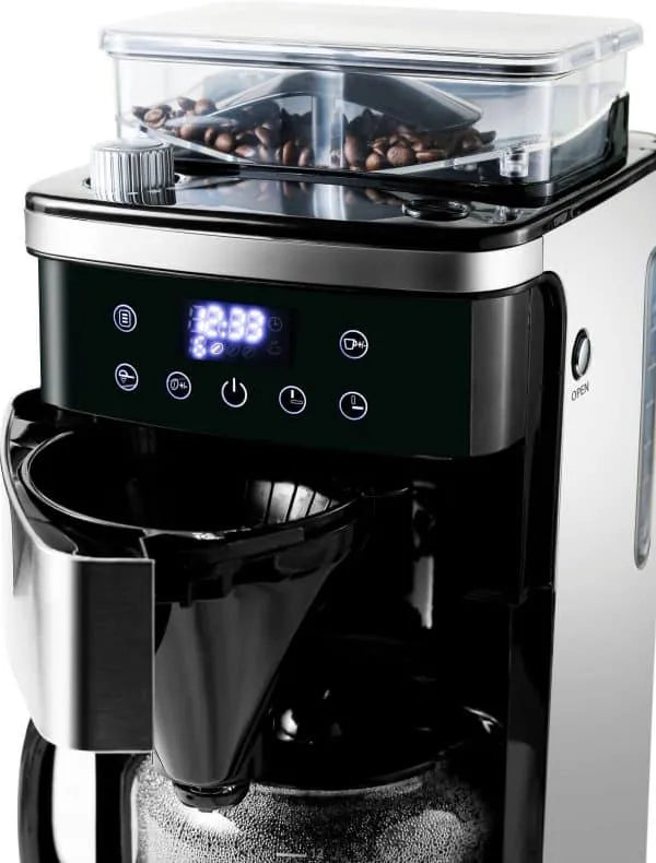 Hanseatic - Kaffeemaschine mit integrierter Kaffeemühle - 1,5 Liter & 1000 Watt - Mit Digitalanzeige & Timer - Für Bohnen & gemahlenen Kaffee - Silberner Edelstahl & Kunststoff