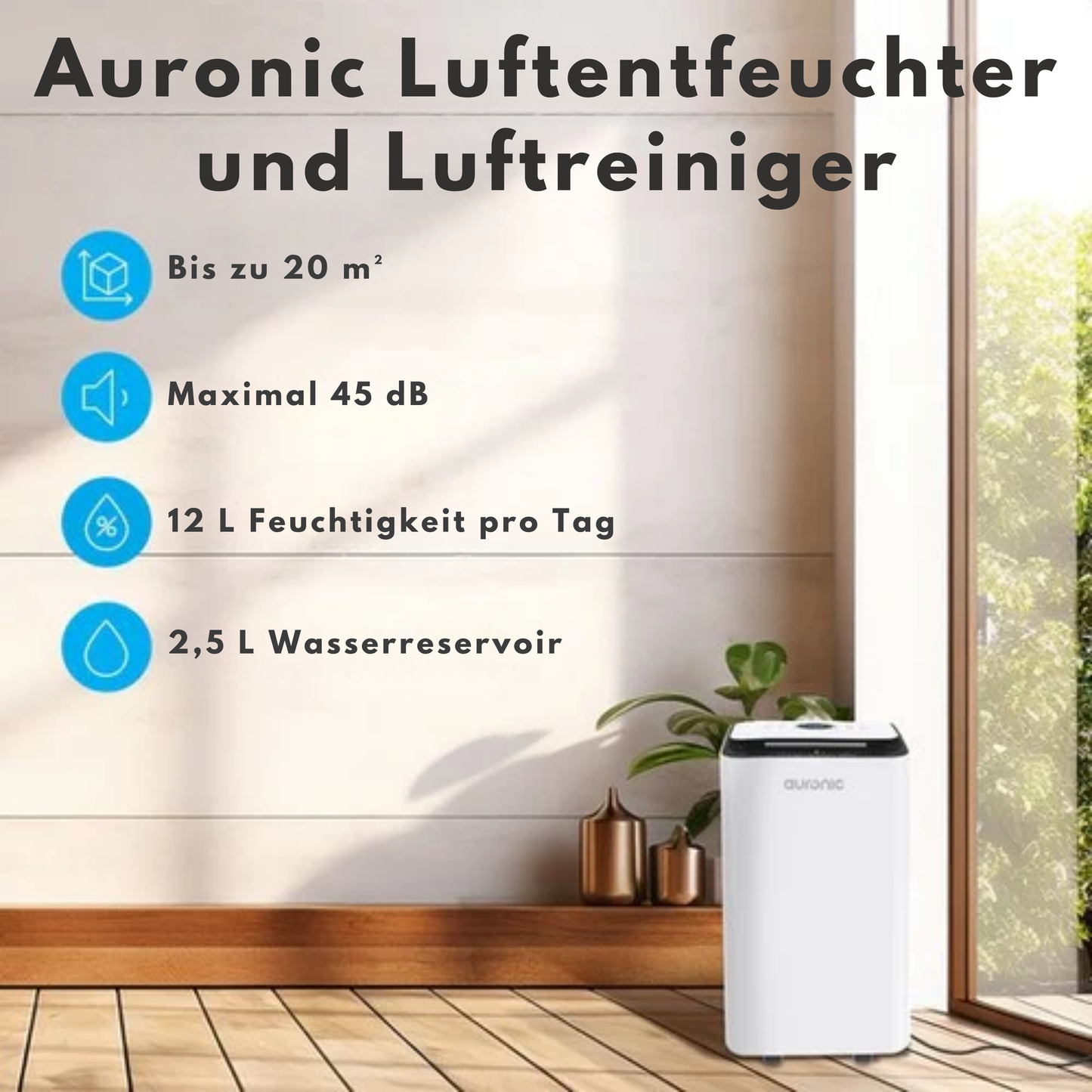 Auronic - Luftentfeuchter 12L - Mit Wäschetrocknungsfunktion, Luftreiniger - 185W - Flüsterleise (36 dB) - Geeignet für 48 m³ - Weiß