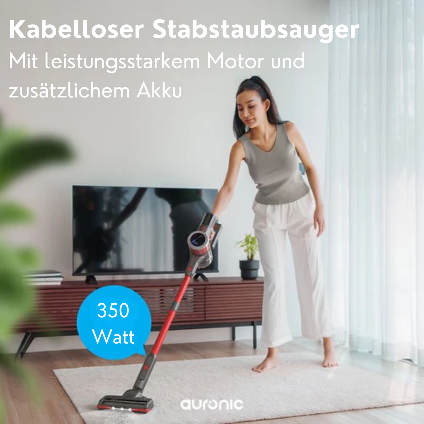 Auronic Cordless Stick Staubsauger - 350W Leistungsstarker Motor - Extra Akku - Bis zu 45 min Betriebsdauer - Leicht & wendig - Rot/Grau