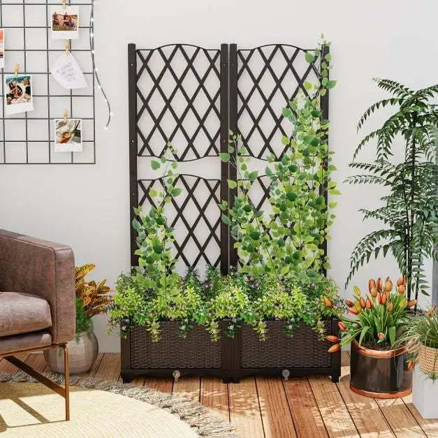 Coast Pflanzkübel mit Klettergitter und erhöhtem Beet – Ausgestattet mit praktischer Selbstbewässerung, großem Pflanzkübel und Rattan-Optik – Für Gärten und Balkone – Brauner PP-Kunststoff – 80 cm lang, 40 cm breit und 122 cm hoch