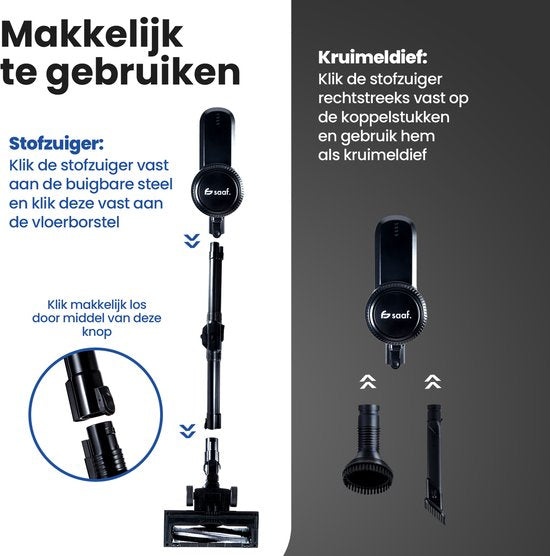 Saaf G80 Stick Staubsauger - 150W - Stick Staubsauger Cordless - Bagless Staubsauger - 7-teiliges Set mit biegbarem Griff - 22kPa - Dustbuster - Schwarz