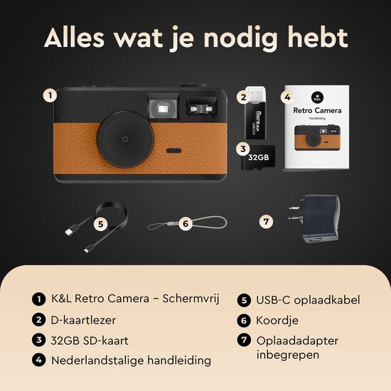 K&L Digitalkamera - Bildschirmlos - Wiederaufladbar - 16.000 Fotos - Fotokamera - Vintage - Inklusive 32GB - Langlebig - Braun