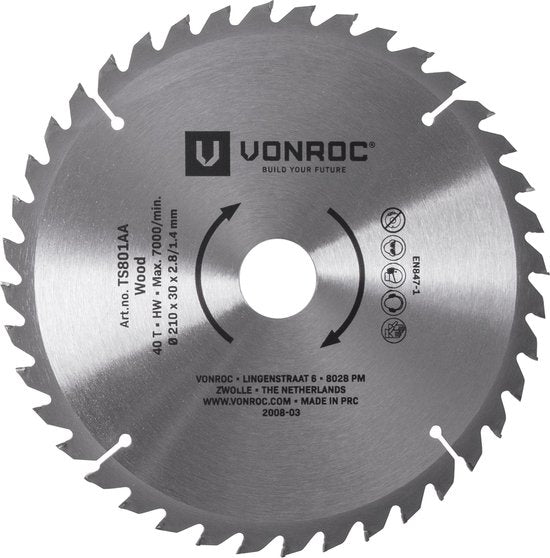 VONROC Sägeblatt - 210mm - 40 Zähne - für Holz - geeignet für Tischsägen und Kappsägen
