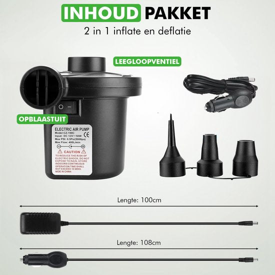 Travelhawk Elektrische Luftpumpe - Elektrische Pumpe Luftbett - Inklusive Stecker und Autoladegerät - Kompakt - Praktisch für Camping - 12V und 220V -.