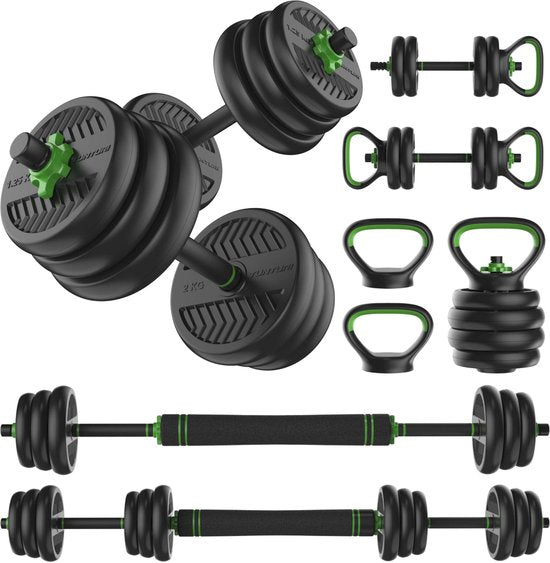 Tunturi Kurzhantelset und Kurzhanteln Vinyl 20 kg - Hantelset mit Kettlebell und Langhantel - Liegestützstützen - Schraubverschluss 30 mm - Anti-Rutsch-Griff