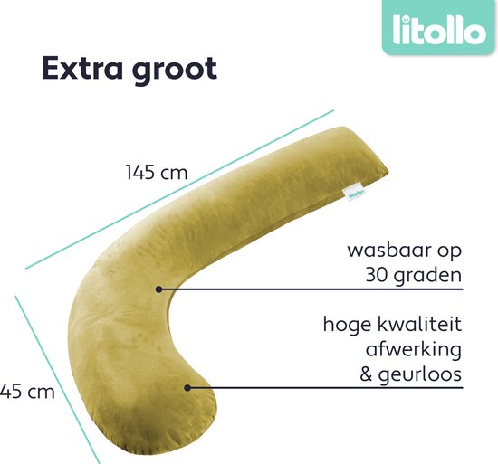 LitolloÂ¬Ã† Umstandskissen (J-Form) - Stillkissen - Körperkissen - Seidenkissen - Körperkissen - Weicher Fleecebezug XXL 145cm - Ockergelb