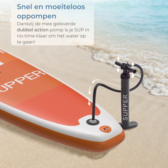 Supper Sup Board XL - Max. 220KG - Aufblasbar - Paddle Board - Wasserdichte Handytasche - Pumpe - Flosse - Leash - Tragetasche - 335 x 81 cm - Orange