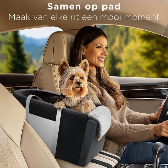 CozySense® Hundeautositz - Hundekorb Auto mit waschbarem Bezug - Für kleine Hunde - Passt in die Mittelkonsole - Auch als Tragetasche - Schwarz/Grau