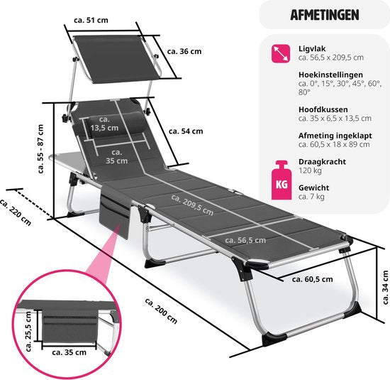tectake - Sonnenliege gepolstert, klappbar - grau - 220 x 60,5 x 34 cm, mit Seitentasche