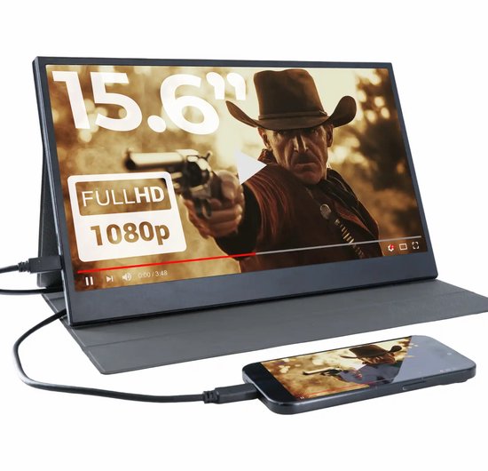 Tragbarer Monitor von Denver - Full HD - 15,6" - Tragbarer Monitor - Ledertasche - HDMI - USB-C - PMO15604
