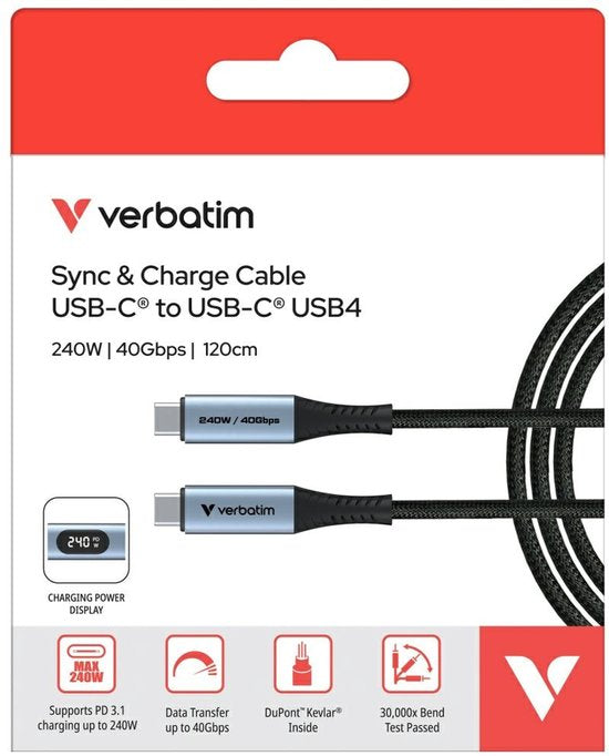 Verbatim Sync & Charge-Kabel USB-C auf USB-C, 40 Gb/s, 240 W, für Smartphones