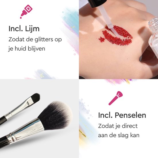 Partizzle Komplettes Bio Glitter Tattoo Set - Mädchen / Jungen - Schminkschablonen, Kleber und Pinsel - Face Fake Neon Tattoos Bastelset - Karneval Geschenk Basteln für Kinder - 24 Farben / Biologisch abbaubar