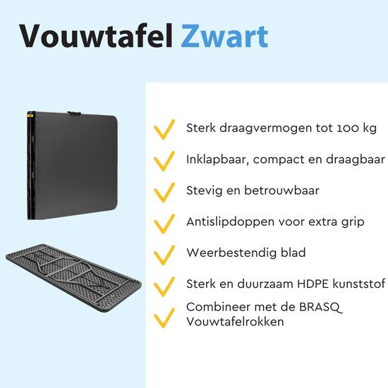 BRASQ Zusammenklappbarer Klapptisch Schwarz - 180x70x74cm- Campingtisch - Klapptisch - Wetterfest - Tisch mit Tragegriff
