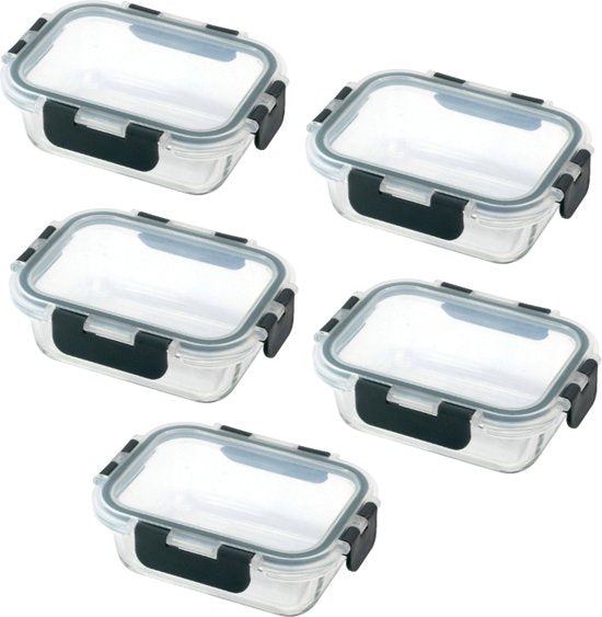 Ceruzo Meal Prep Trays - 5 Stück Frische-Schalen - Borosilikatglas- Luftdicht- 21,5 x 16 x H6,6 cm