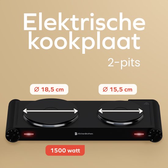 KitchenBrothers Elektrokochfeld - 2 Brenner - Freistehend - 7 Temperaturstufen - 1500W + 1000W - Schwarz