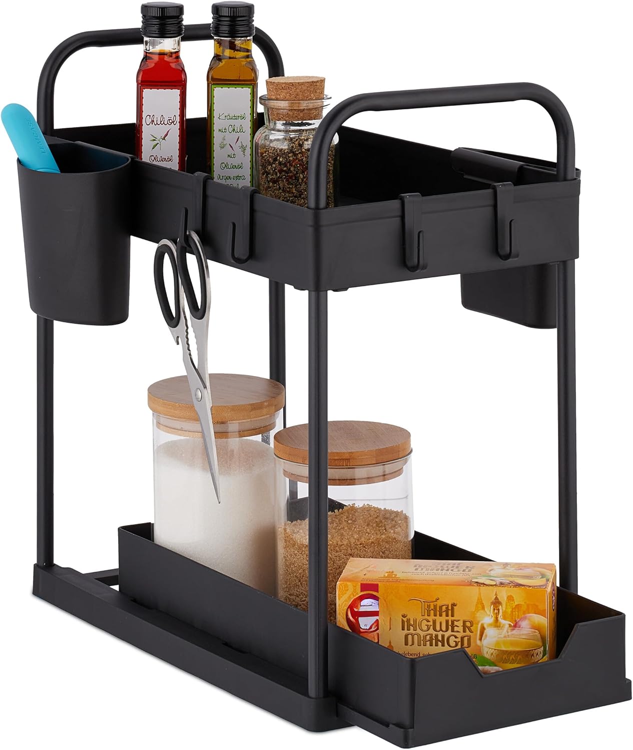 HELDENWERK Spülenregal für Spülenunterschrank, höhenverstellbar mit 2 Ebenen in schwarz, Küchenorganizer, Unterschrank, Gewürzregal, Spülenunterschrank-Organizer