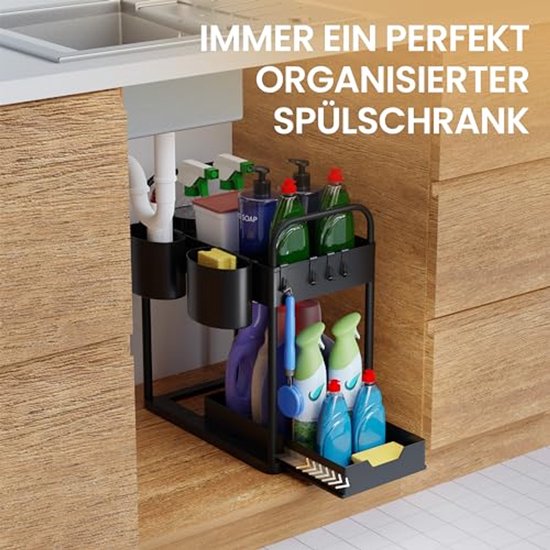 HELDENWERK - Spültischorganisation & Küchenorganisation - 2 Stück - Schwarzer ABS-Kunststoff - Ausziehbar mit 2 Ebenen - Für Küche & Bad - Inklusive Haken & Tabletts - Maximaler Stauraum