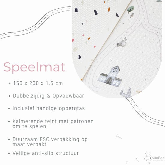 NilaFee® – Spielmatte für Babys – Spielteppich – Rutschfest – Zusammenklappbar – Aufbewahrungstasche – 150 x 190 x 1 cm – XPE – Wasserabweisend – Auto – Zug – Terrazo White