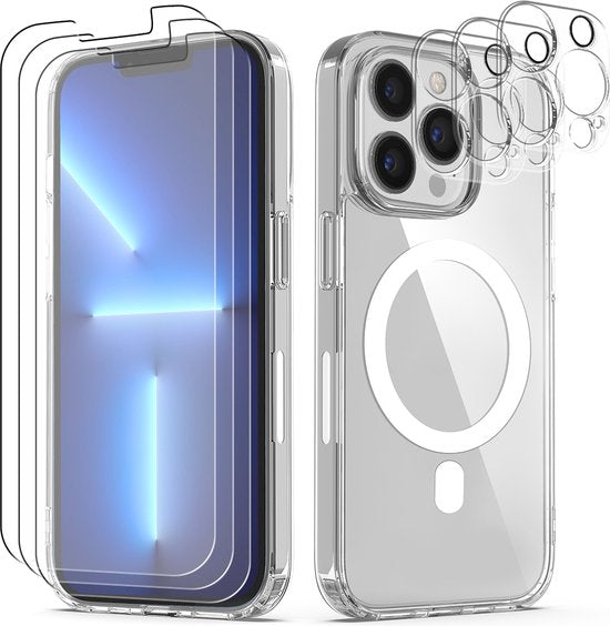 Podec Magsafe Case Passend für iPhone 13 Pro - Mit 3x Bildschirmschutz + 3x Kameraschutz - Magnetisch mit Ring Transparent - Handytasche Transparentes Case