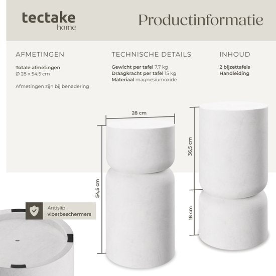 tectake® Beistelltisch Amine – Ø 28 x 54,5 cm - Set mit 2 Beistelltischen – Couchtisch aus robustem Magnesiumoxid in Steinoptik – Tisch für Wohnzimmer, Schlafzimmer oder Büro – Tragkraft 15 kg pro Tisch – Inklusive Bodenschonern