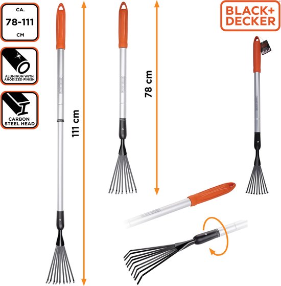 BLACK+DECKER Harke - Teleskop-Gartenharke - Ausziehbarer Stiel von 78 bis 111 CM - Laubharke - Gartengeräte Aluminiumstiel und Kohlenstoffstahlkopf - Rostfrei - Silber/Schwarz