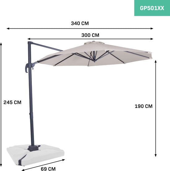 VONROC Premium Floating Parasol Bardolino Ø300cm - Inkl. Kreuzfuß & Schutzhülle - Runder Sonnenschirm - 360° drehbar - Neigbar - UV-beständiges Tuch - Beige