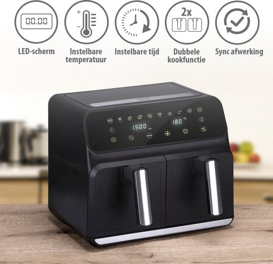 alpina Double Airfryer XL 8L - Heißluftfritteuse für 4 bis 8 Personen - Fassungsvermögen 2x4L - Digitalanzeige - Fritteuse 1700 W - Sync Finish Funktion - Schwarz