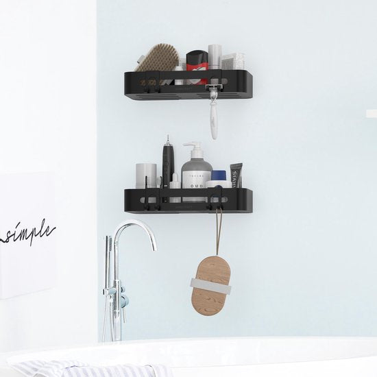 Sanicraft® Duschregal - Kein Bohren - Für jede Art von Wand geeignet - Hängend - Rostfrei - 2 Stück - Schwarz