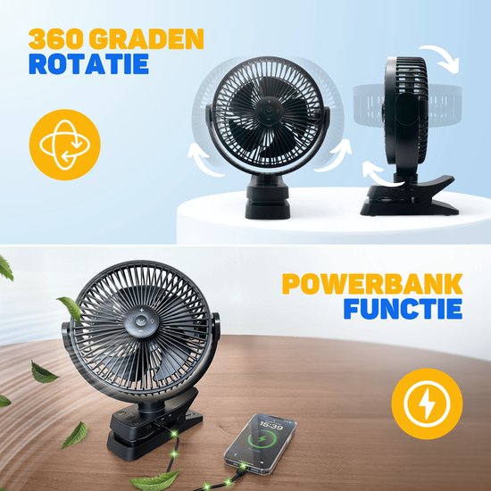 Vulpes Goods® Tech - Tischventilator MAX - Ventilator - Wiederaufladbar & kabellos - Leiser USB-Ventilator mit Fernbedienung - 5 Geschwindigkeiten & Beleuchtung - Ultraleise - 12000 mAh & Powerbank-Funktion - Schwarz