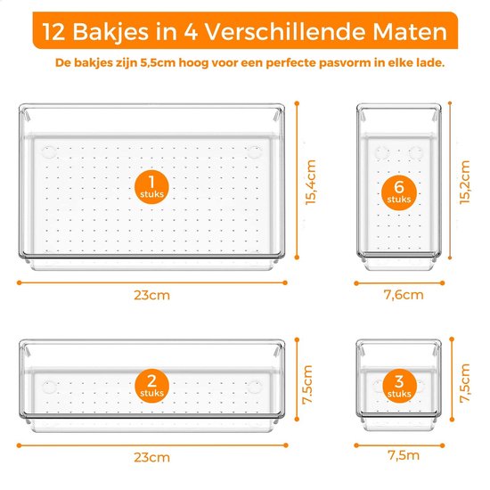 Posity Drawer Organizer - 12 Stück - Organizer Trays - Drawer Trays - Storage Trays - Make-up Organizer - Für Küche, Bad & Büro - Kunststoff - Transparent