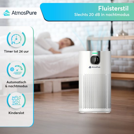AtmosPure® CleanAir Luftreiniger - Luftreiniger mit austauschbarem HEPA 13 + Kohlefilter - CADR 250 m³/h - Weiß - Für 97 m² - Wirkt gegen Staubmilben, Heuschnupfen, Allergien, -3 Modi + stiller Schlafmodus - Luftqualitätssensor