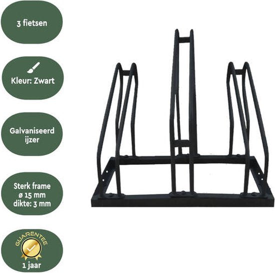 BRASQ Fahrradträger für 3 Fahrräder - Fahrradständer - Fahrradträger - Fahrradhalterung für Boden Inklusive Befestigungsmaterial - Schwarz