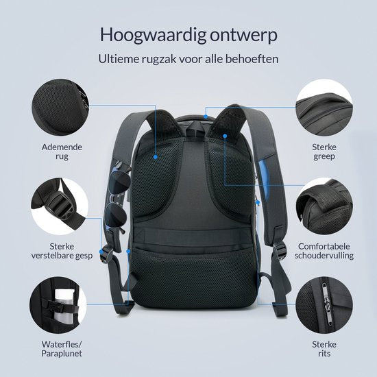 NOHRD Laptop Rucksack - Schwarz - Anti-Diebstahl - Laptoptasche 15.6 Zoll - USB Ladestation - Rucksack Damen & Herren - Wasserabweisend - Schultasche Mädchen & Jungen - Büchertasche mit Laptopfach