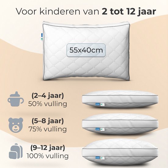 CozySense® Kinderkissen - Kopfkissen Kind - Kleinkind-Kopfkissen - Ergonomisch & verstellbar - 100% Baumwolle - Hypoallergen - OEKO-TEX® - 40x55cm - 2-12 Jahre