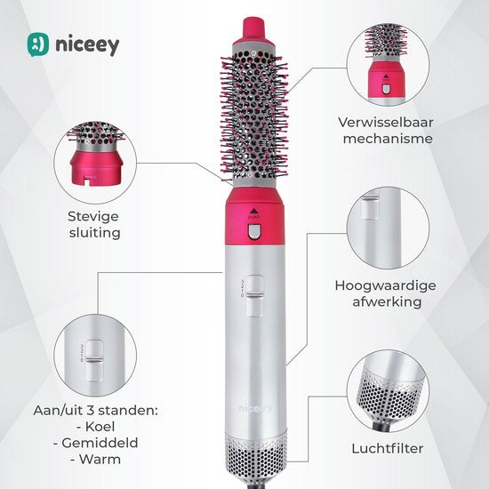 Niceey Haartrocknerbürste - Lockenstab 5-in-1 Set - Airstyler - Multistyler - Stylingbürste - Lockenstab mit Aufsätzen - Haartrockner mit Bürste - Mit Handschuh - Lockenbürste - Haarbürste - 2025 Modell - Grau/Lila