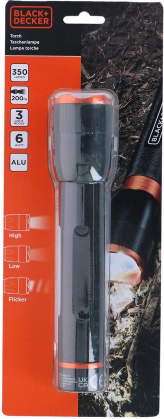 BLACK+DECKER LED-Taschenlampe - 350 Lumen - 6W - 200M Reichweite - 3 Lichtmodi: Hoch, Niedrig, Pulsierend - Schwarz/Orange