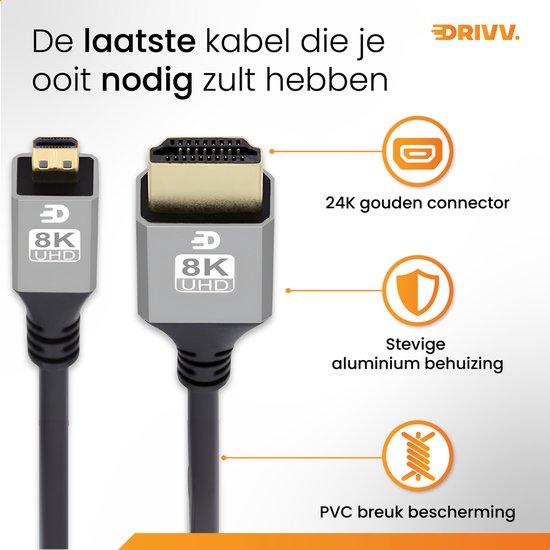 Drivv. Premium Micro HDMI zu HDMI Kabel 2.1 - 8K 60Hz / 4K 120Hz Ultra HD - Geeignet für Kamera, GoPro, Computer - 2 Meter - Grau
