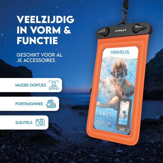 Travelly ® - Wasserdichte Handytasche 2er Set - Universelle Unterwassertasche für Smartphone - Geeignet für alle Handys - Drybag - Für Urlaub, Schwimmen & Wassersport - Schwarz/Orange