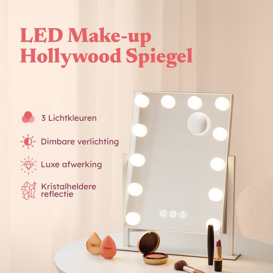 Fraay® Hollywood Spiegel mit Beleuchtung 41x30cm - 3 Lichtstufen - Schminkspiegel mit 10-facher Vergrößerung - LED-Beleuchtung dimmbar - inkl. Beauty Blender und Puderquaste