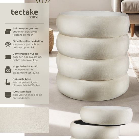 tectake - Hocker mit Ablage - Scandi Hocker Samtstoff - Runder gepolsterter Hocker für Frisiertisch, Schlafzimmer, Wohnzimmer oder als Flurmöbel - Ablagehocker - creme